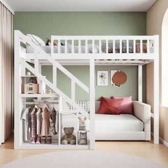 OEM Lit Mezzanine Infantil 90x200cm Blanco Pulido - Litera Individual Loft Adolescente Con Escalera De Almacenamiento Y Barandilla Estrella De Madera Maci