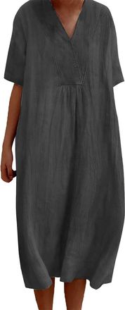 Generic Linen Dress for Women 2024 Sundress Plus Size Summer Dresses Oversized Casual Midi Dress Floral Printed Boho Dresses(00 Dark Grey,3X-Large)