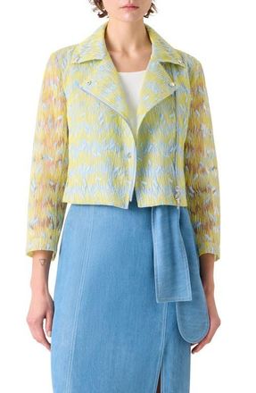 Akris Scribble Embroidered Sheer Tulle Biker Jacket in Lemon Zing-Sky Blue at Nordstrom, Size 10