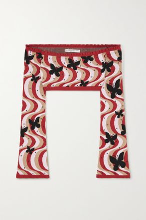 Alessandra Rich Crop Top In Maglia Jacquard Decorata - Rosso