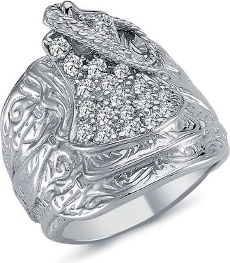 Jewelco London Rhodium Plated Silver Round CZ Horse Rope Saddle Ring 24mm - ARN092