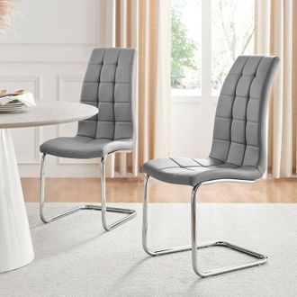 Furniturebox Set of 2 Murano Deep Cushioned Soft Touch Faux Leather Dining Chairs With Silver Chrome Metal Legs in Grey