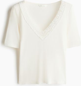 H&M Geripptes V-Shirt - White