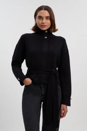 Karen Millen Womens Cable Knit Belted Funnel Neck Jacket - Black Viscose - Size Medium