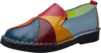 Generic Womens Low Shoes with Coloured Patchwork, Non-Slip Slip-On Leather Shoes - Closed Round Toe Moccasins - Soft Rubber Sole Casual Sandals - Loafers Leat