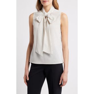 Anne Klein Polka Dot Bow Neck Blouse in White Dove/Anneblack at Nordstrom, Size X-Small