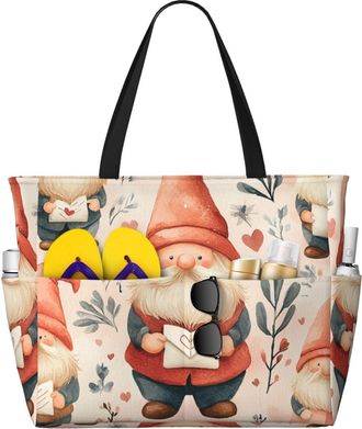 Generic Valentines Gnomes Print Large Beach Bag Foldable Travel Shoulder Tote Bag With Pocket For Weekender Pool Vacation