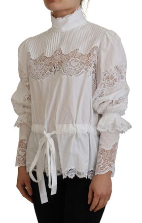 Dolce & Gabbana Womens White Cotton Lace Trim Turtle Neck Blouse Top