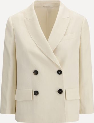 Brunello Cucinelli Giacca in twill Fluid di viscosa e lino con monile Woman 46