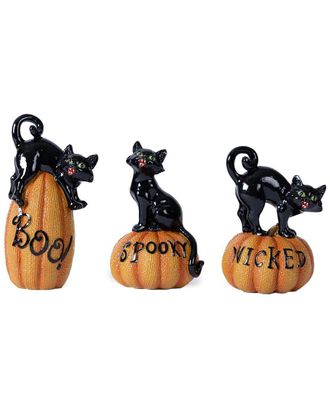 Melrose International Set Of 3 Black Cat On Pumpkin Figurine