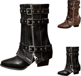 Generic Womens Fold Over Mid Calf Boots Pointed Toe Chunky Low Heel Boots with Side Adjustable Buckle and Zipper, Ladies Winter Retro Rouched Motorcycle Ridin