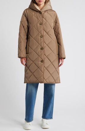Lucky Brand Cozy Diamond Quilted Faux Shearling Lined Coat in Khaki at Nordstrom, Size X-Small
