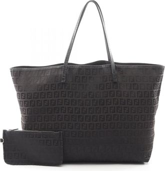 Fendi Black Brown Canvas Leather Pouch Tote Bag (Pre-Owned)