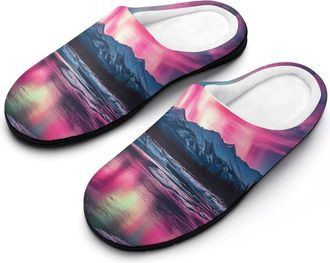 Generic Northern Lights Red Blue Green Mens Slippers Slip On Comfortable Fleece Cotton House Shoes Winter