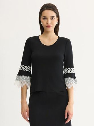 Misook Lace Applique Soft Knit Top in Black/white at Nordstrom, Size Xx-Large