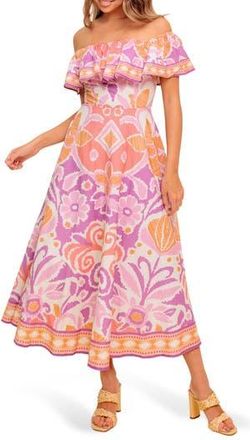 Flying Tomato Floral Off the Shoulder Midi Dress in Lavender/Coral at Nordstrom Rack, Size Medium