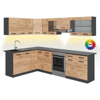 Vicco Cucina ad angolo Rick, Antracite/quercia dorata, 267 x 167 cm, pl Fantasia nera con striscia led