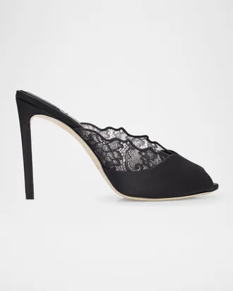 Jimmy Choo London Brigitte 100mm Lace & Satin Peep-Toe Mules