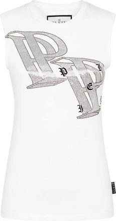 Philipp Plein Full Strass Tank Top Wire Frame - Dames - Tops zonder mouwen - Wit - S - Katoen - Tops