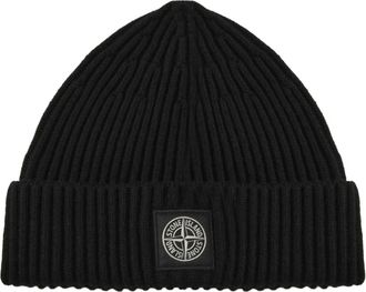 Stone Island Full Rib RWS Wool Beanie - Heren - Hoeden - Zwart - ONE Size - Wol - Accessoires