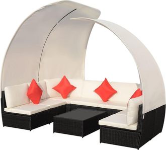 vidaXL Set Muebles De Jard&iacute;n 9 Pzas Con Toldos Rat&aacute;n Sint&eacute;tico Negro Vidaxl