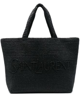 Saint Laurent logo-embossed raffia tote bag - Black