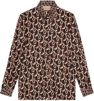 Gucci (WMNS) Gucci Interlocking G Chain Print Silk Shirt Black Brown 772027-ZAPCO-1190