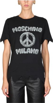 Moschino T-shirt met ronde hals en logo - Dames - T-shirts - Zwart - XS - Katoen - Tops