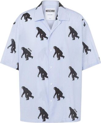 Moschino Blauw Gestreept Grafisch Print Shirt - Heren - Korte mouwen Overhemden - Blauw - M - Katoen - Overhemden