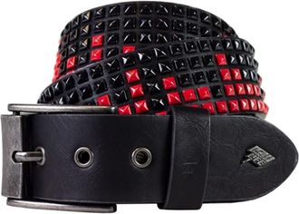Lowlife Of London of London Belts Shrink 5 Row Pyramid Leather Belt in Black Red X Small, Studded Punk Goth Rock Pyramid Belt, Metal Stud Five Row Rivet for Men and Wom