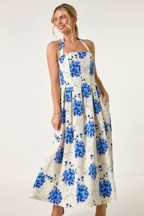 Roman Womens Petite Floral Stretch Midi Dress - Blue Cotton - Size 10 UK