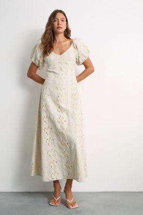 Warehouse Womens Stripe Cotton Broderie Midi Dress - Beige - Size 10 UK