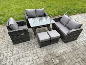 Fimous 6 Pieces Outdoor Garden Dining Sets Rattan Furniture With Dining Table Armchairs Love Sofa 2 Small Footstools Dark Grey Mixed