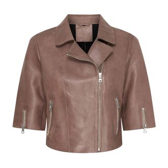 Notyz Diep Taupe Geknipt Jack met Glanzend Zilveren Acc - Dames - Leren en Su&egrave;de Jassen - Bruin - XS - Leer - Jassen