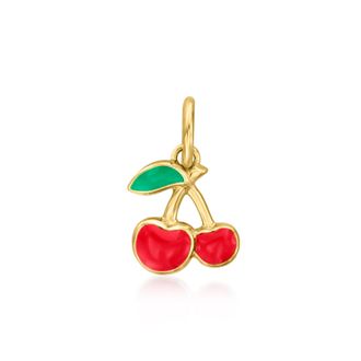 RS Pure by Ross-Simons Red and Green Enamel Cherries Charm in 14kt Yellow Gold