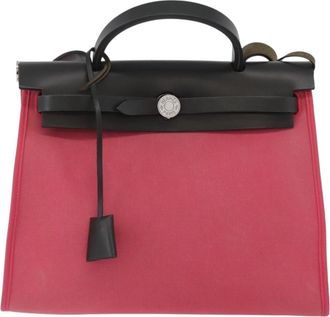 Herm&egrave;s Herbag Zip Leather And Toile Pink Canvas Handbag (Pre-Owned)