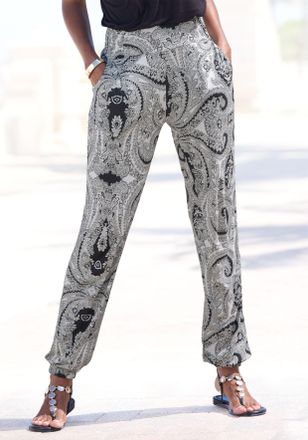 Lascana Jerseyhose LASCANA, Damen, Gr. 34, N-Gr, schwarz (schwarz, creme bedruckt), Jersey, Obermaterial: 100% Viskose, Paisley, bedruckt, figurumspielend lan