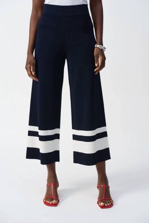 Joseph Ribkoff Placement Stripe Sweater Knit Culotte Pants In Midnight Blue/vanilla