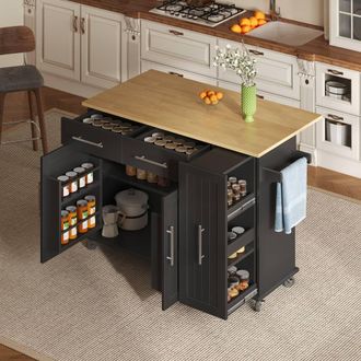 Merax Rolling Kitchen Island Trolley with Drop Leaf & Pull Out Storage in Black