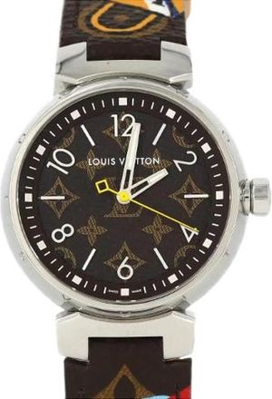 Louis Vuitton Pre-owned Tambour Monogram Roestvrij staal Horloge - Dames - Vintage Horloges - Bruin - ONE Size - Leer - Vintage