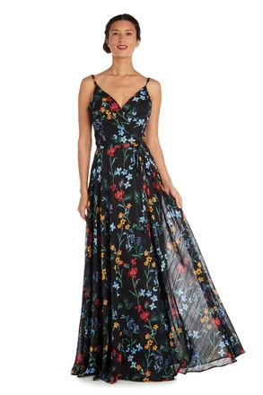 Nightway Womens Black Zippered Floral Spaghetti Strap Surplice Neckline Full-Length Fit + Flare Party Dress UK Size: 14