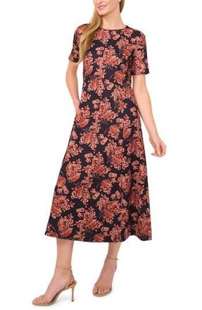 Ted Baker Floral Short Sleeve Ponte Midi Dress in Leather Brown at Nordstrom Rack, Size X-Small