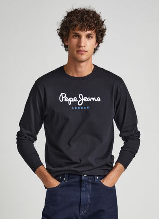 Pepe Jeans London Langarmshirt PEPE JEANS EGGO LONG, Herren, Gr. L (52/54), schwarz, Single Jersey, Obermaterial: 100% Baumwolle, bedruckt, normal normal, Rundhals, Shi