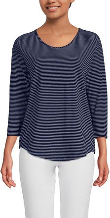 Lands End 3/4 Sleeve Lightweight Jersey U-Neck Tunic in Deep Sea Navy Thin Stripe at Nordstrom, Size X-Small P