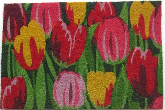 Imports Decor Colorful Tulip Flower Coir Door Mat, Spring Floral Coconut Fiber Doormat with Non-Slip PVC Backing, Indoor Outdoor Entrance Rug
