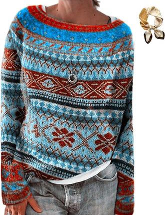 Generic Womens Fair Isle Sweater,Vintage Knitted Crewneck Printed Sweater,Fall Winter Lightweight Casual Loose Pullover Tops