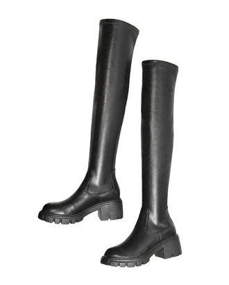 Generic Womens Cow Leather Stretch Over-The-Knee Boots Round Toe High Heels Winter Thigh High Boots