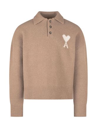Ami Beige Full Sleeves Polo Sweater