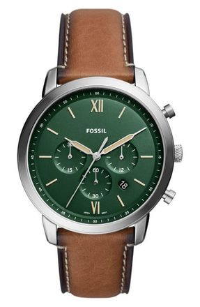 Fossil Neutra Chronograph Leather Strap Watch, 44mm in Silver/Brown at Nordstrom
