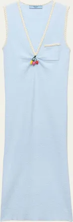 Prada V-Neck Beaded Charm Cotton Rib Dress